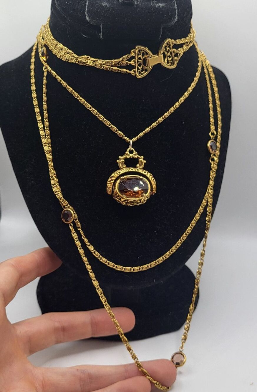 Goldette 3 Strand Fob Spinner Necklace Napoleon Hieroglyphic Flip 26in Unsigned